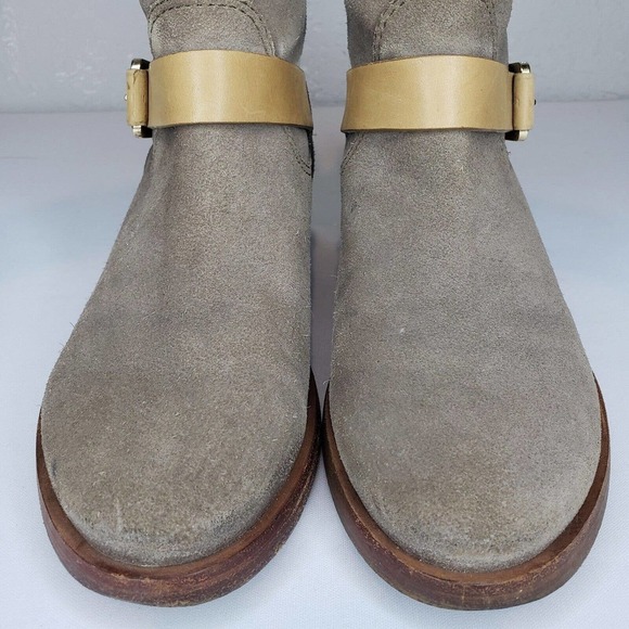 TORY BURCH Bennie Moto Engineer BootsTaupe Leather Double Buckle Ankle Size 7.5M - Picture 2 of 16